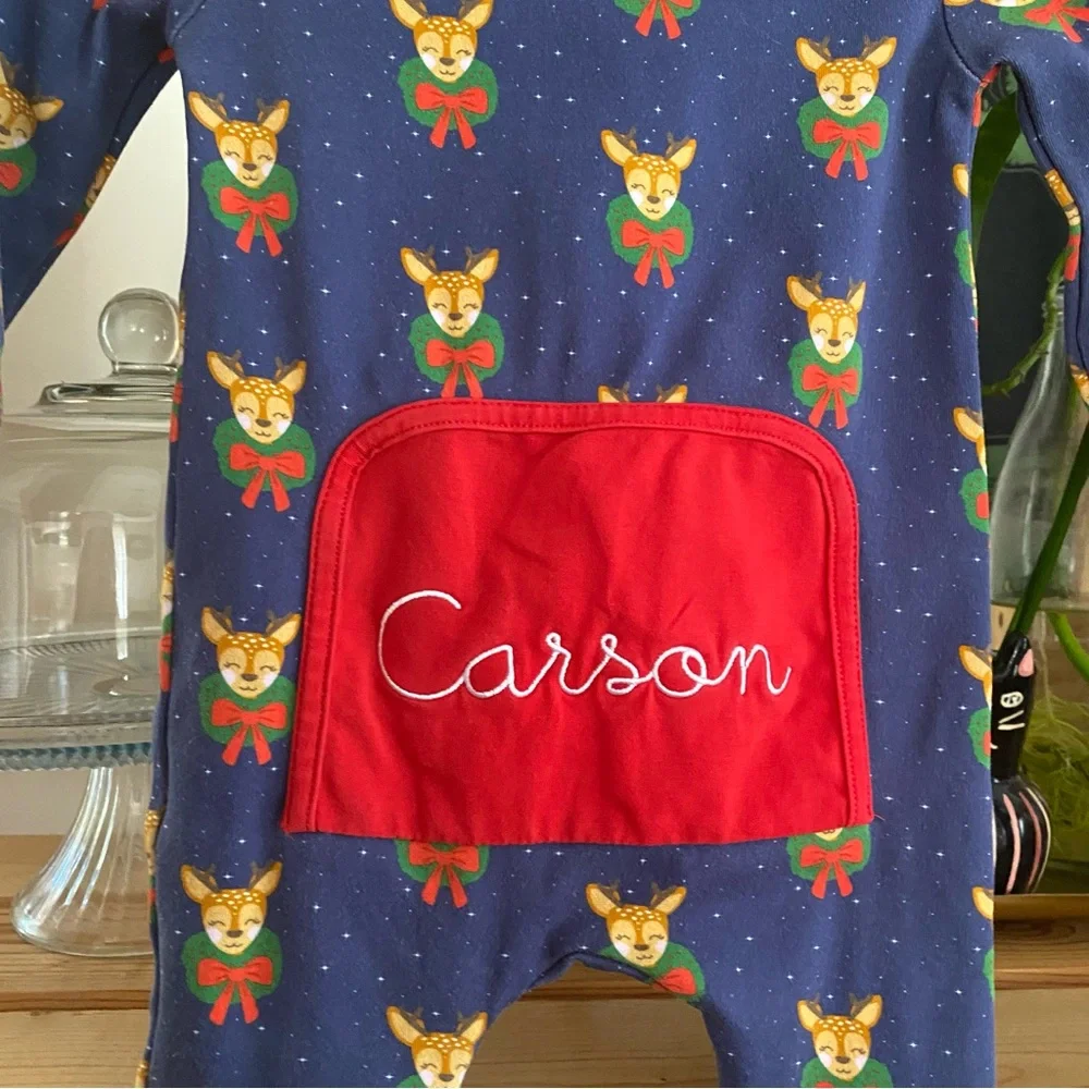 Smockingbird Blue Dasher The Reindeer Monogramed Christmas Zip Up Pajamas 6-9 m